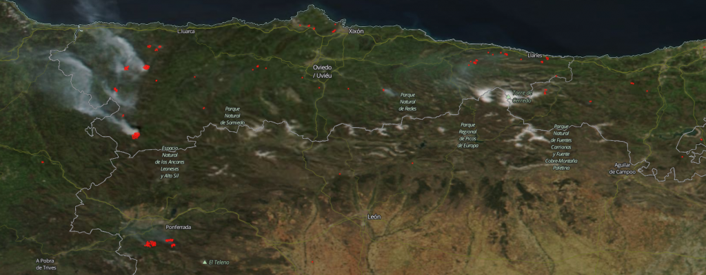 Fuegos en el norte de la Península Ibérica (21 de abril de 2017). Nasa Worldview, anomalías térmicas.